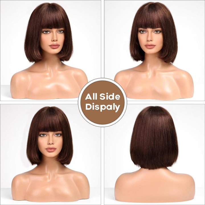 New Pixie Cut #4 Brown Straight Bob Wig 12 Inch Sweet Trendy Short Hair with Bangs No Lace Full Machine Wig