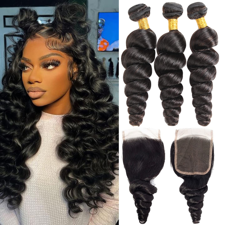 (B2) Loose Wave 3 Bundles With 4x4  Lace Closure Brazilian Human Hair Extension