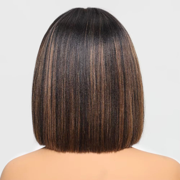 Lumiere Highlight Straight Bob Human Hair Wig with Bangs None lace Bob Wigs 200% Density Wear Machine Made Colored Wig for Woman 14 Inch