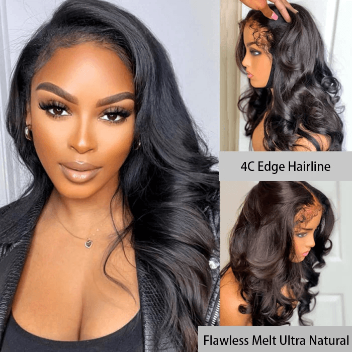 Glueless 4C Curly Edges 13x4 Lace Frontal Wigs Body Wave With Realistic Type Hairline