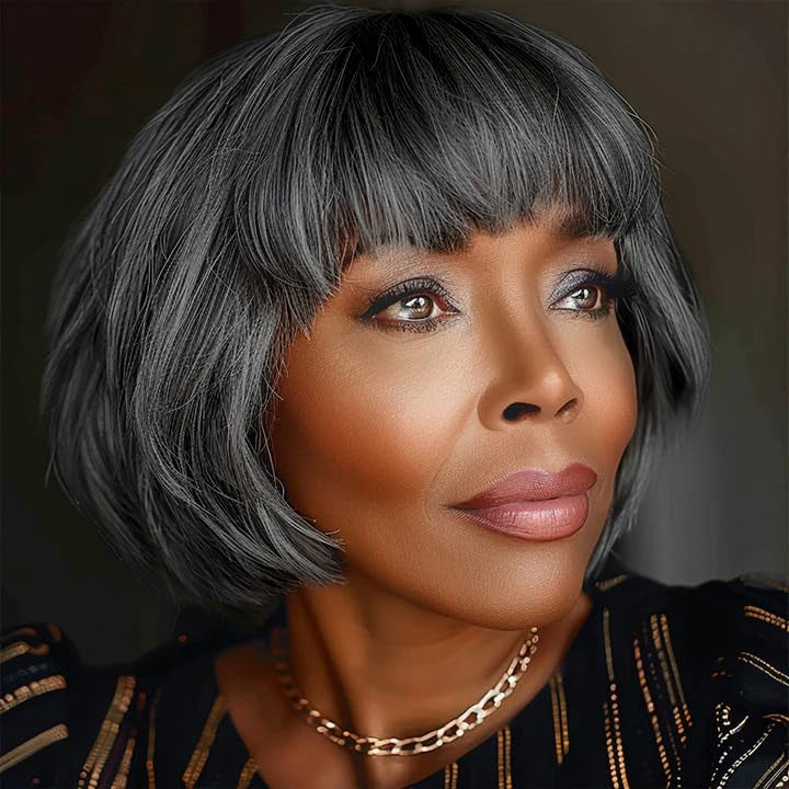 Short Bob Cut Salt and Pepper Grey Wigs Full Machine None Lace Fashion Wig 8 inch