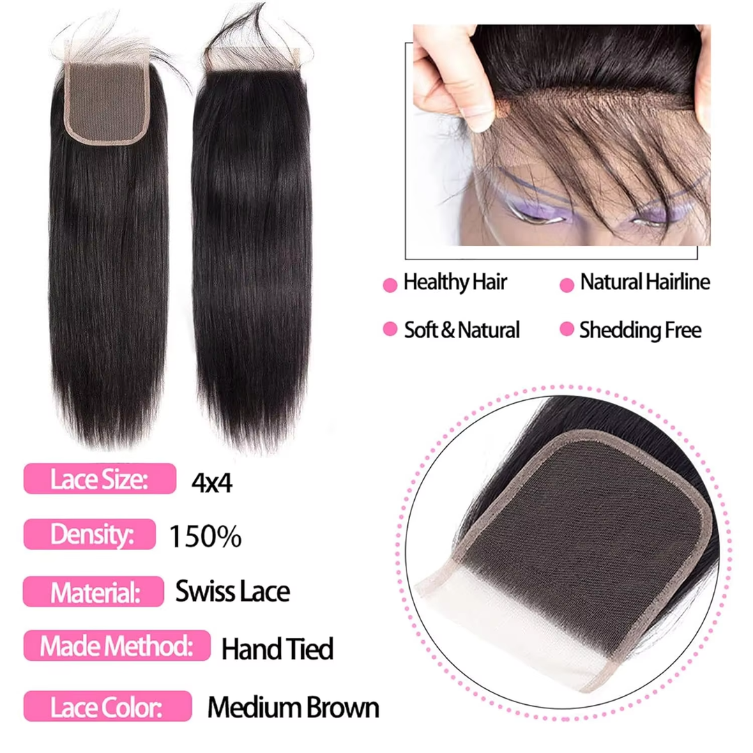 15A Straight 3 Bundles With 4X4 Lace Closure 100% virgin human hair