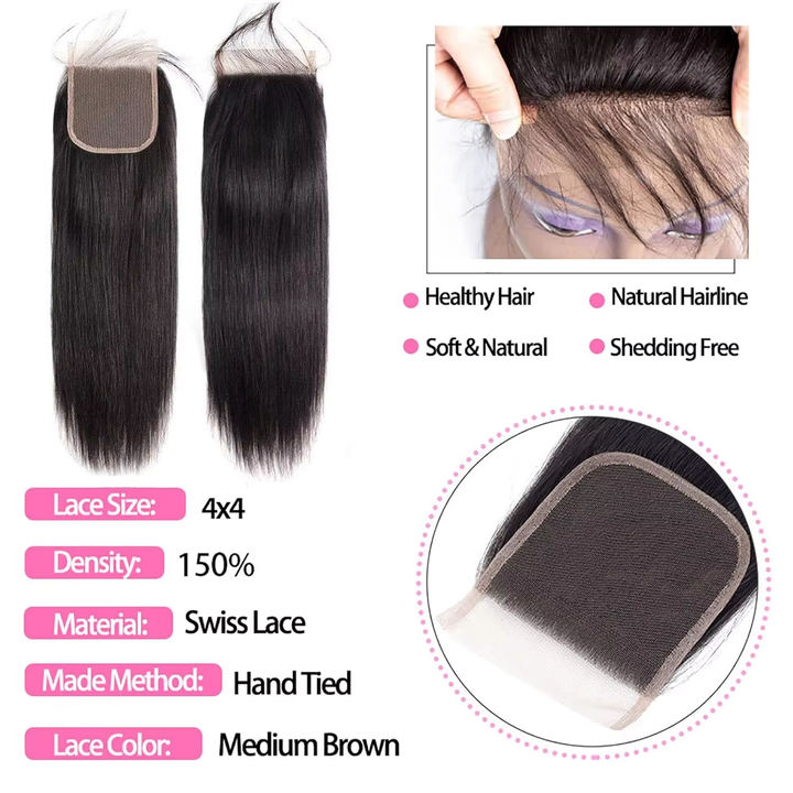 15A Straight 3 Bundles With 4X4 Lace Closure 100% virgin human hair