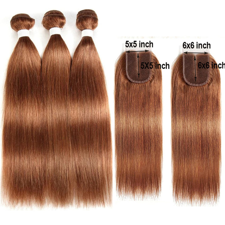 #30 Brown Straight Human Hair 3 Bundles With 5x5/6x6 Closure Brazilian Human Hair Weaving Bundles With HD Closure