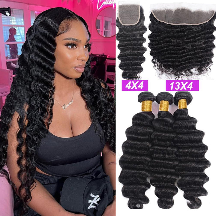 Loose Deep Wave Peruvian Hair 3 Bundles with 4x4 Closure / 13x4 Frontal  100% Human Hair extension