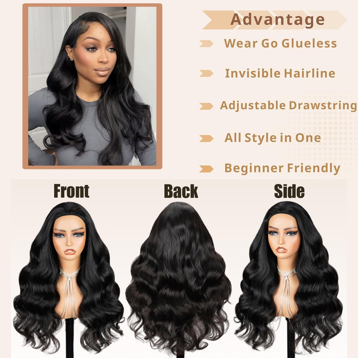 [3 In 1 Half ] Half Wig Body Wave Black Color Glueless Wigs for Black Women Wear and Go Hair Wigs Beginner Friendly