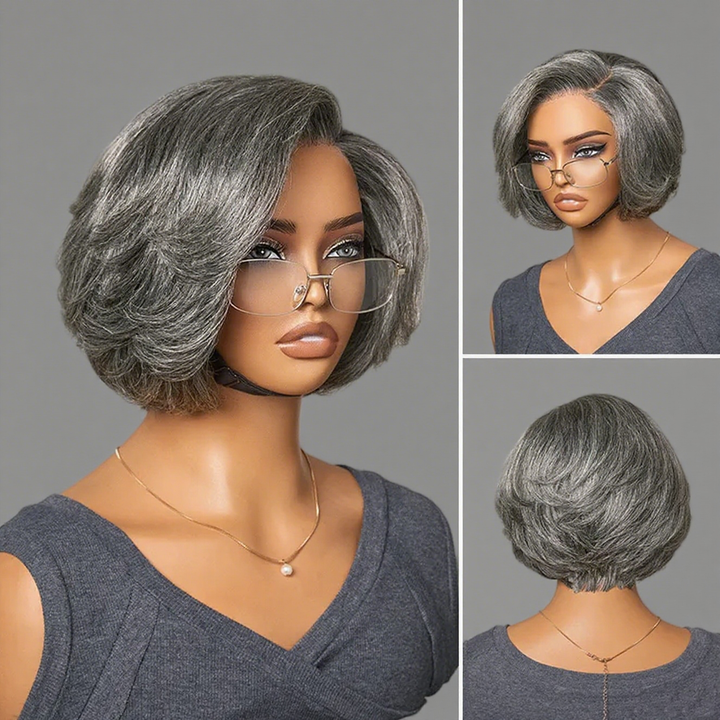Lumiere Ready To Go Salt & Pepper Layered Bob Pre-Cut Left C Part 4x6x1 Lace Frontal Grey Wig Human Hair