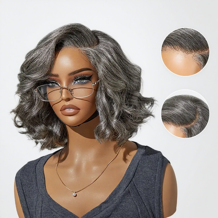 Lumiere Ready To Go Pre-Cut Salt & Pepper Body Bob Wig For Women Left C Part 4x6x1 Lace Frontal Grey Bob Wig With Natural Hairline