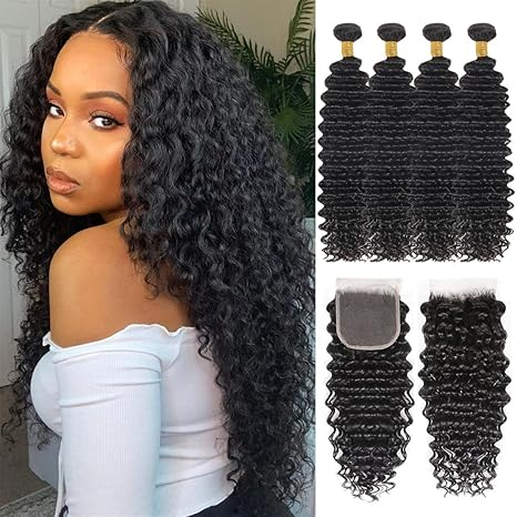 (B2)Lumiere 4 Bundles Deep Wave With 4x4 Lace Closure Brazilian Hair Wave Bundles With Closure Natural Human Hair