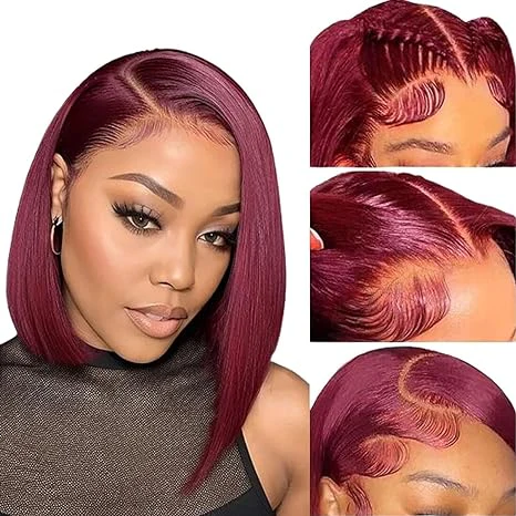 Lumiere Blunt Cut #99J Red Colored Short Bob 13x4 Lace Front Human Hair Wigs Straight Bob Wigs