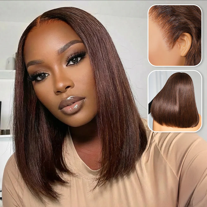 Lumiere #4 Brown Blunt Cut Bone Straight Bob Wig 2x6/13x4 Inch Deep Part Realistic Lace Vietnam Hair 220% Density