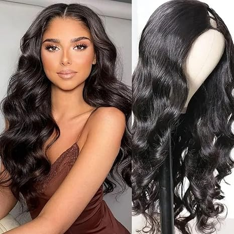 Body Wave U Part Noir Demi Perruque Brésilienne 150% Densité Cheveux Humains 