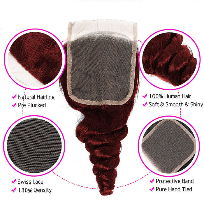 Red Bundles #99j Peruvian Loose Wave Hair Weave 3 Bundles With Closure 4x4 HD Lace Closure 100% huamn hair