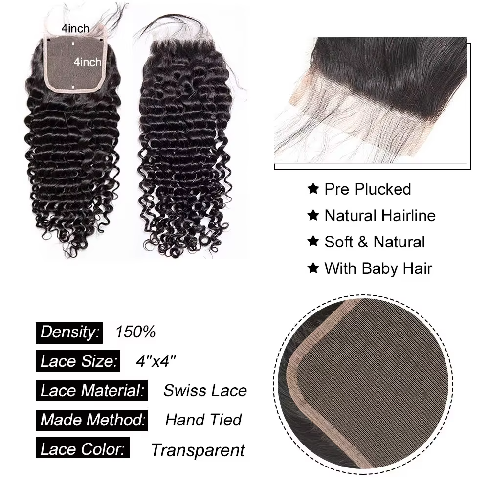 (B2)  3 Bundles Deep Wave With 4x4  Lace Closure Brazilian Human Hair Extension