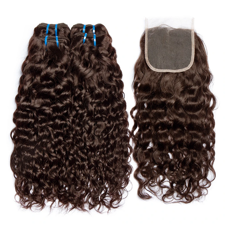 #4 Brown Water Wave 4 Bundles With 4x4 Closure Lace Brazilian Remy Human Hair 100% Unprocessed Virgin Hair(No Code Need)