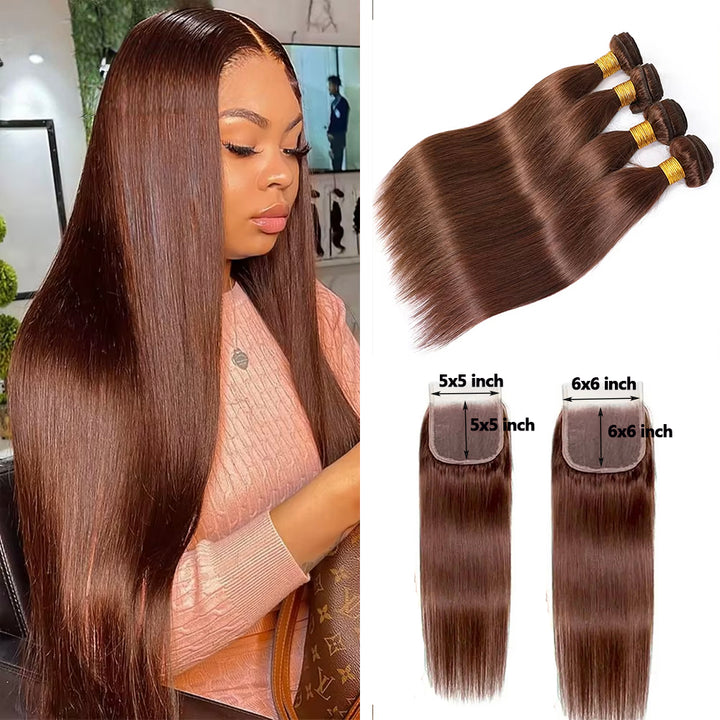 #4 Brown Body Wave 3 Bundles avec 4X4 Lace Closure 100% cheveux humains vierges 