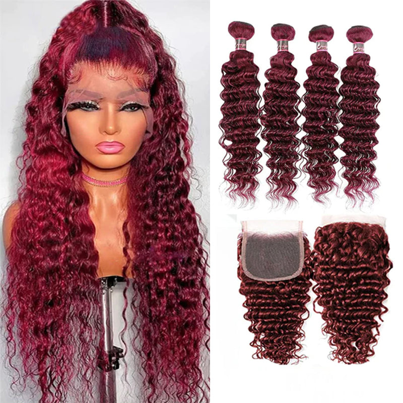 Red Bundles #99j  Deep Wave 4 Bundles With 4x4 Lace Closure Human Hair