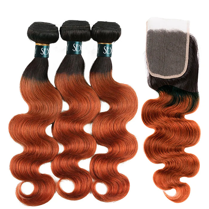 1B/350 Orange Ombre Human Hair Body wave 3 Bundles With 4x4 Closure Free Part 2 Tone Ginger Hair Weave