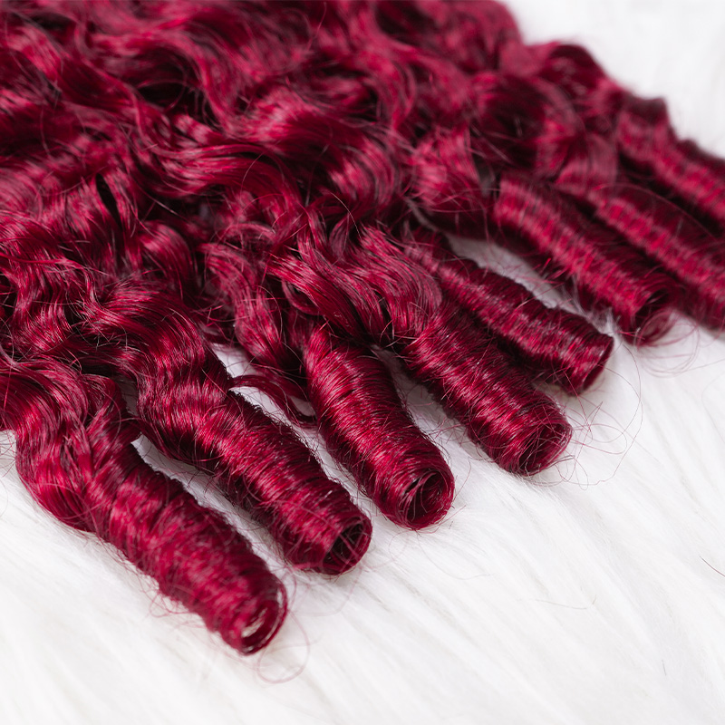 #99J Burgundy Human Hair Burmese Curly Feather Crochet Extensions  Miracle Knots Pre-Separated