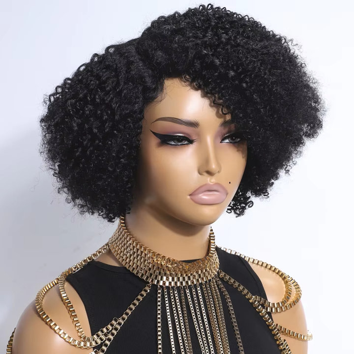 Afro Kinky Curly Human Hair Wigs With Bangs Short Pixie Cut Bob Wig Full Machine Wigs For Women