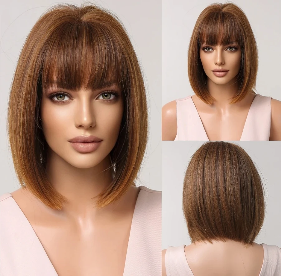 New Pixie Cut Highlight P4/27 Silky Straight Bob Human Hair Wigs With Bangs No Lace Full Machine Colored Bob Wigs