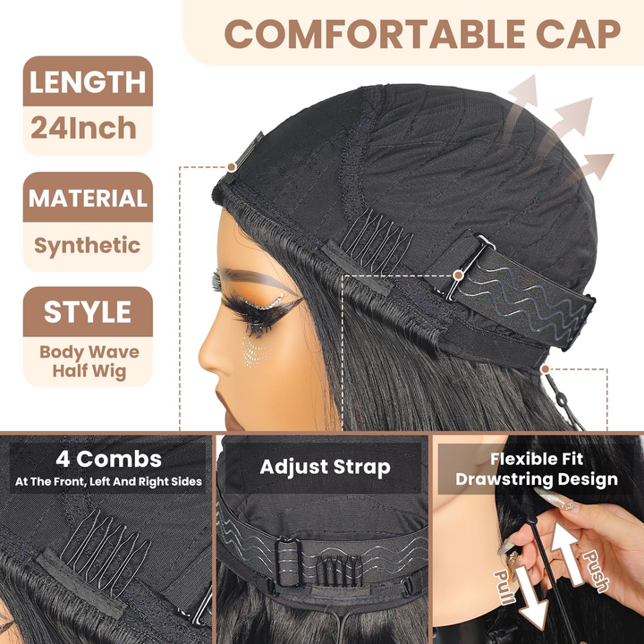 [3 In 1 Half ] Half Wig Body Wave Black Color Glueless Wigs for Black Women Wear and Go Hair Wigs Beginner Friendly