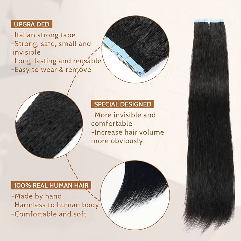 PU Tape in Straight Human Hair Natural Black Hair Extensions Tape in Human Hair Seamless Extensions Glue in PU Extensions 16-26 Inch 20Pcs/Pack
