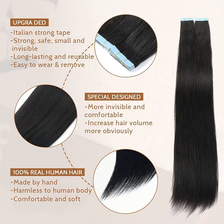 PU Tape in Straight Human Hair Natural Black Hair Extensions Tape in Human Hair Seamless Extensions Glue in PU Extensions 16-26 Inch 20Pcs/Pack