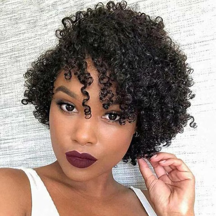 Afro Kinky Curly Human Hair Wigs With Bangs Short Pixie Cut Bob Wig Full Machine Wigs For Women
