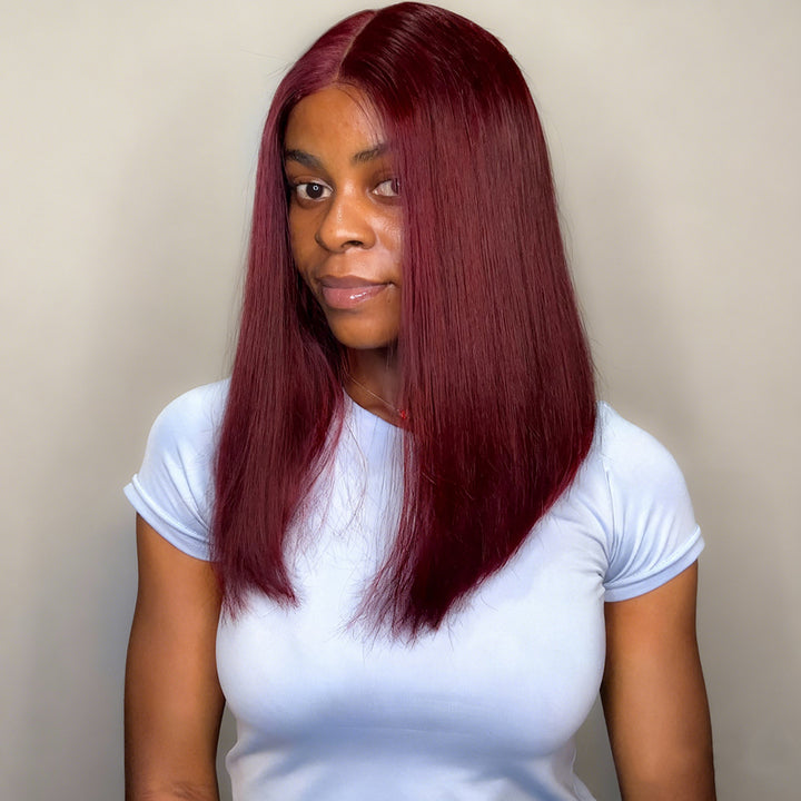 Lumiere Blunt Cut Bob Wig 2x6/13x4 Lace Closure Straight #99J Red Colored Short Bob Human Hair Wigs 220% Density