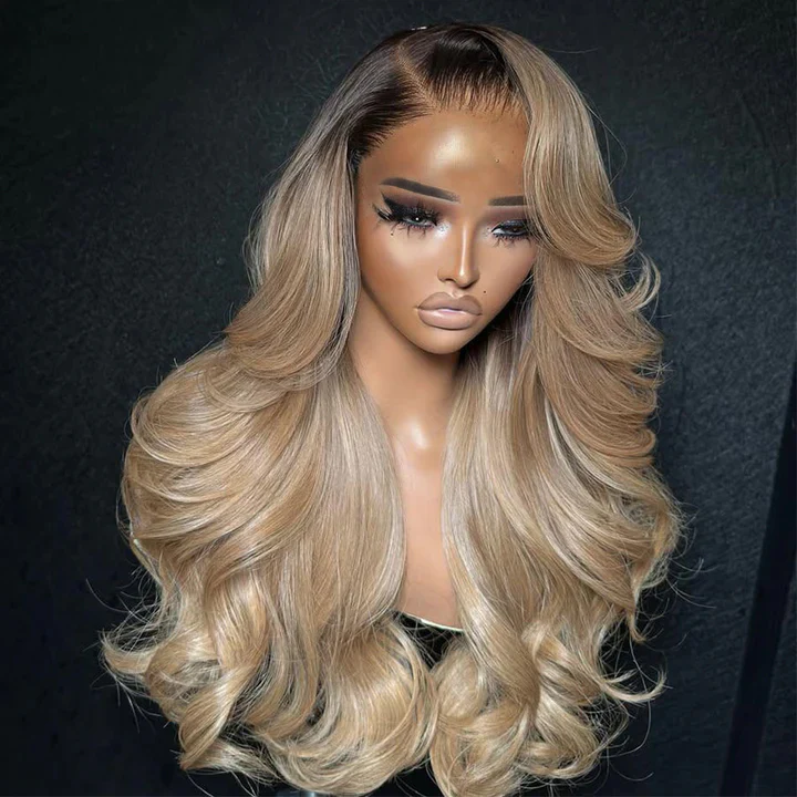 Lumiere Root4/Ash Blonde Body Wave Glueless Wig 13x4 Lace Front Human Hair Wigs 200% Density (#1B Colored)