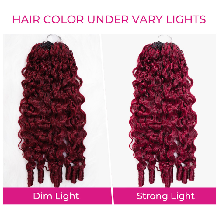 #99J Burgundy Human Hair Burmese Curly Feather Crochet Extensions  Miracle Knots Pre-Separated