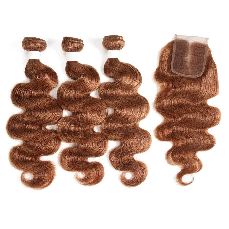 #30 Brown Colored Body Wave Human Hair 3 Bundles with 5x5/6x6 Closure Raw Human Hair Bundles Extensions Unprocessed 100% Real Human Hair