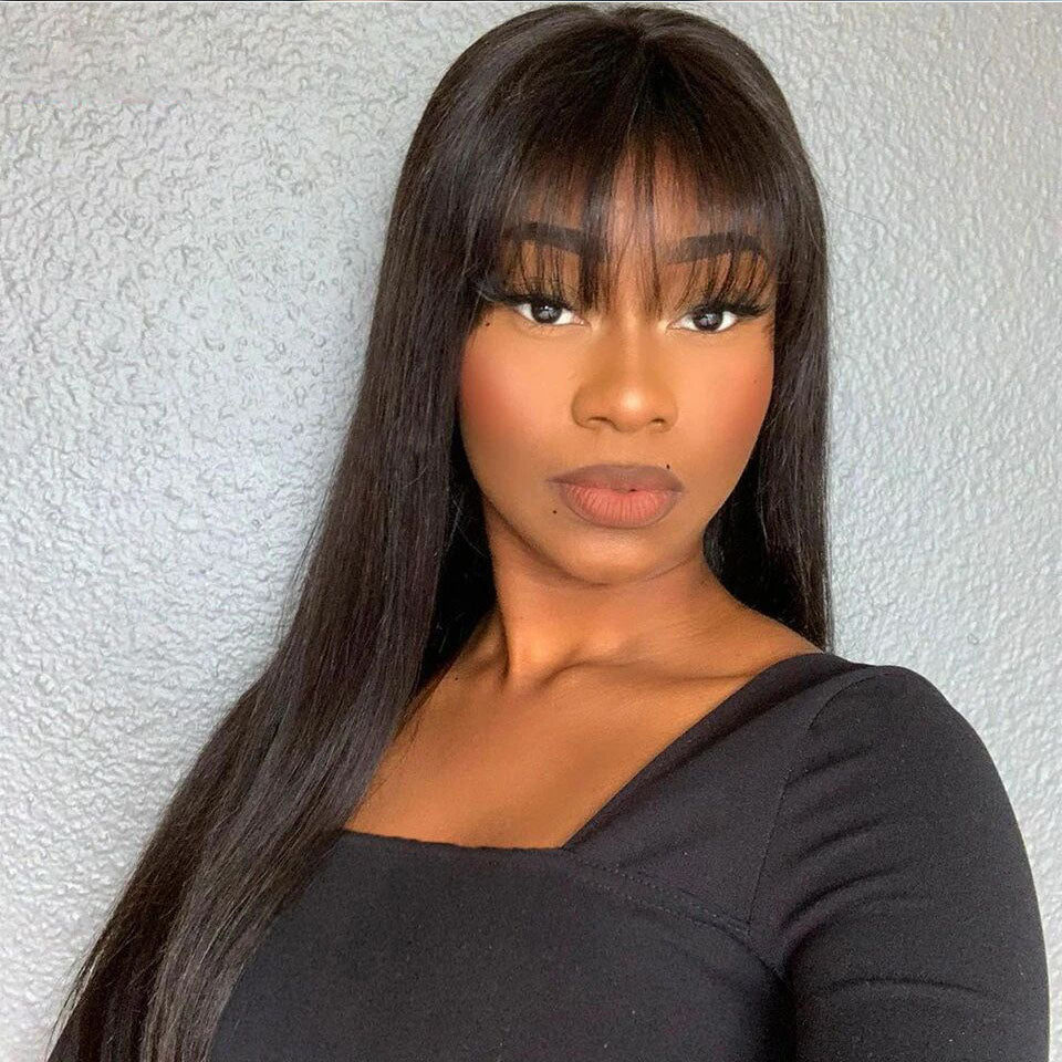 Lumiere Dark Brown Color Straight 180% Density Human Hair Wig With Bang 13x4 Transparent Lace Front Glueless Wigs Human Hair For Black Women HDZ