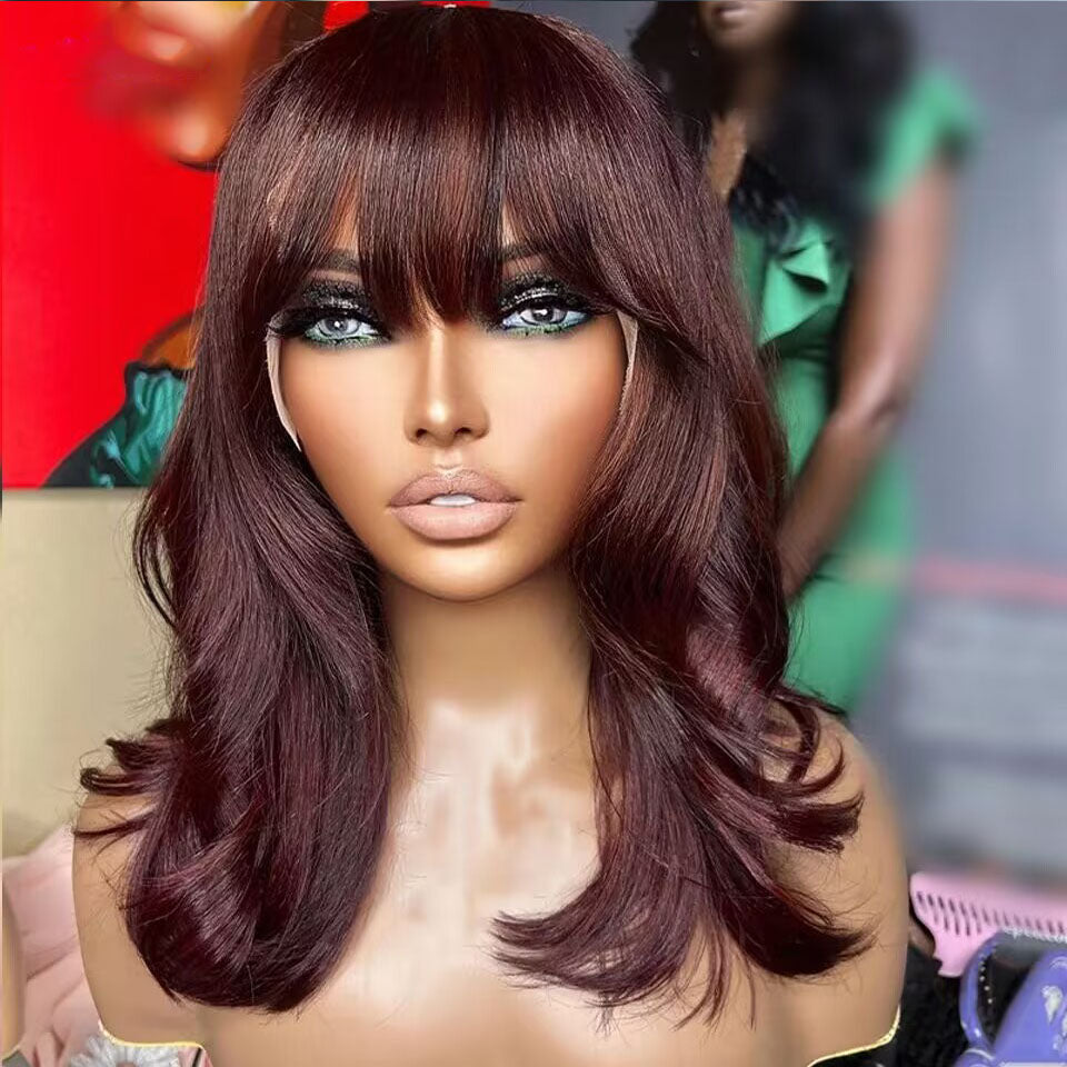 Lumiere Reddish Brown Body Wave 13x4 HD Lace Front 150% Density Human Hair Guleless Wigs With Bangs For Black Women HDZ