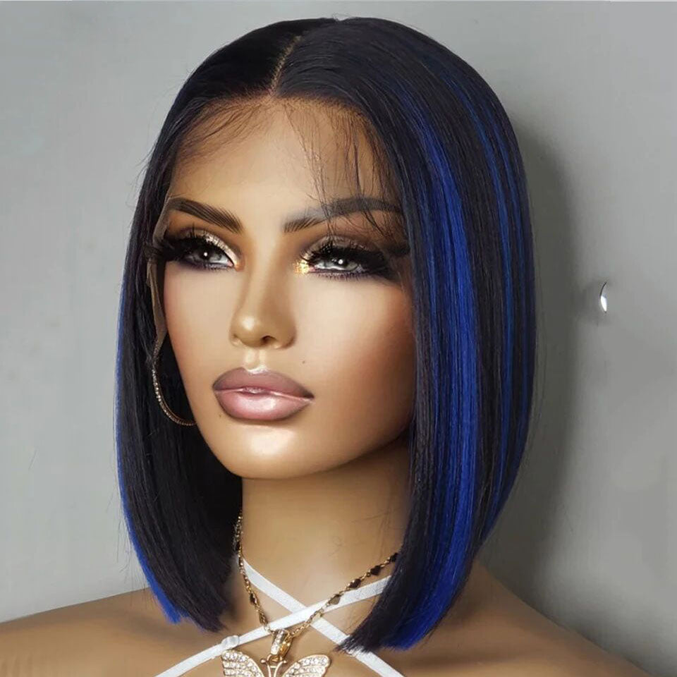 Lumiere 180 Density Highlight Blue & Highlight Red 13x4 Lace Front Bob Wig Human Hair Transparent Lace Frontal Wigs  For Black Women HDZ