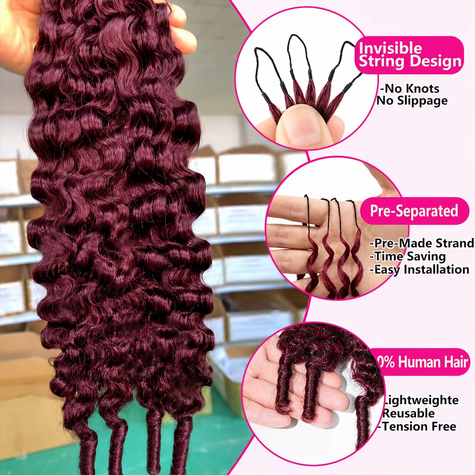 #99J Burgundy Human Hair Burmese Curly Feather Crochet Extensions  Miracle Knots Pre-Separated