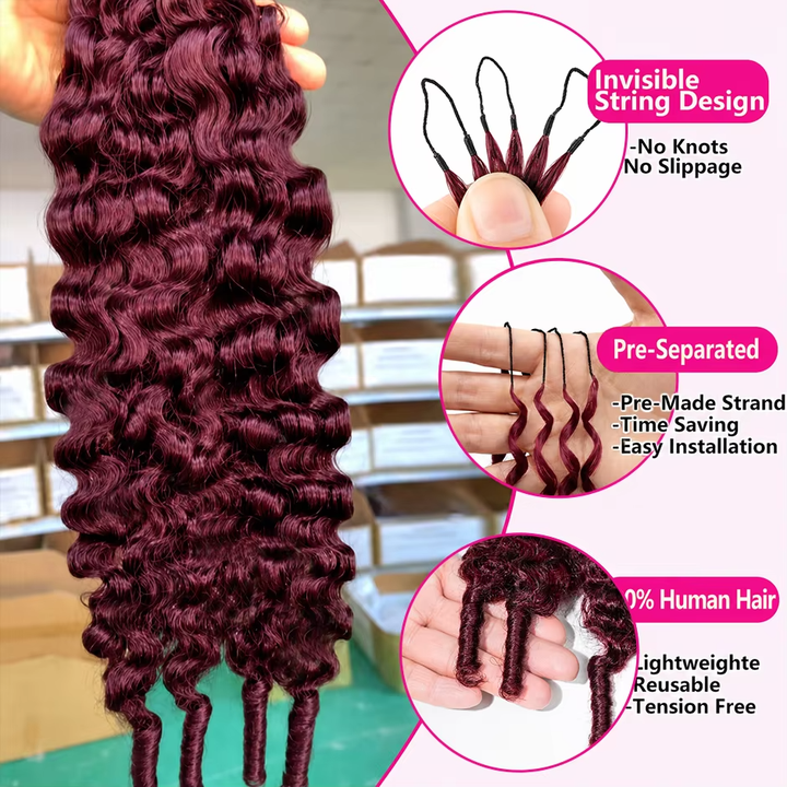 #99J Burgundy Human Hair Burmese Curly Feather Crochet Extensions  Miracle Knots Pre-Separated