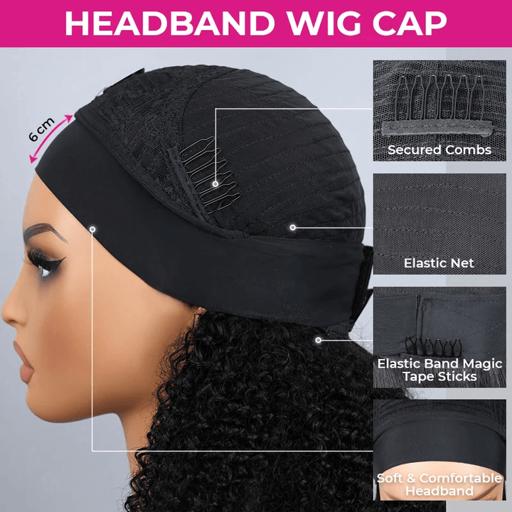 Chocolate Brown Water Wave Headband Wigs Human Hair for Women None Lace No Glue Beginner Friendly