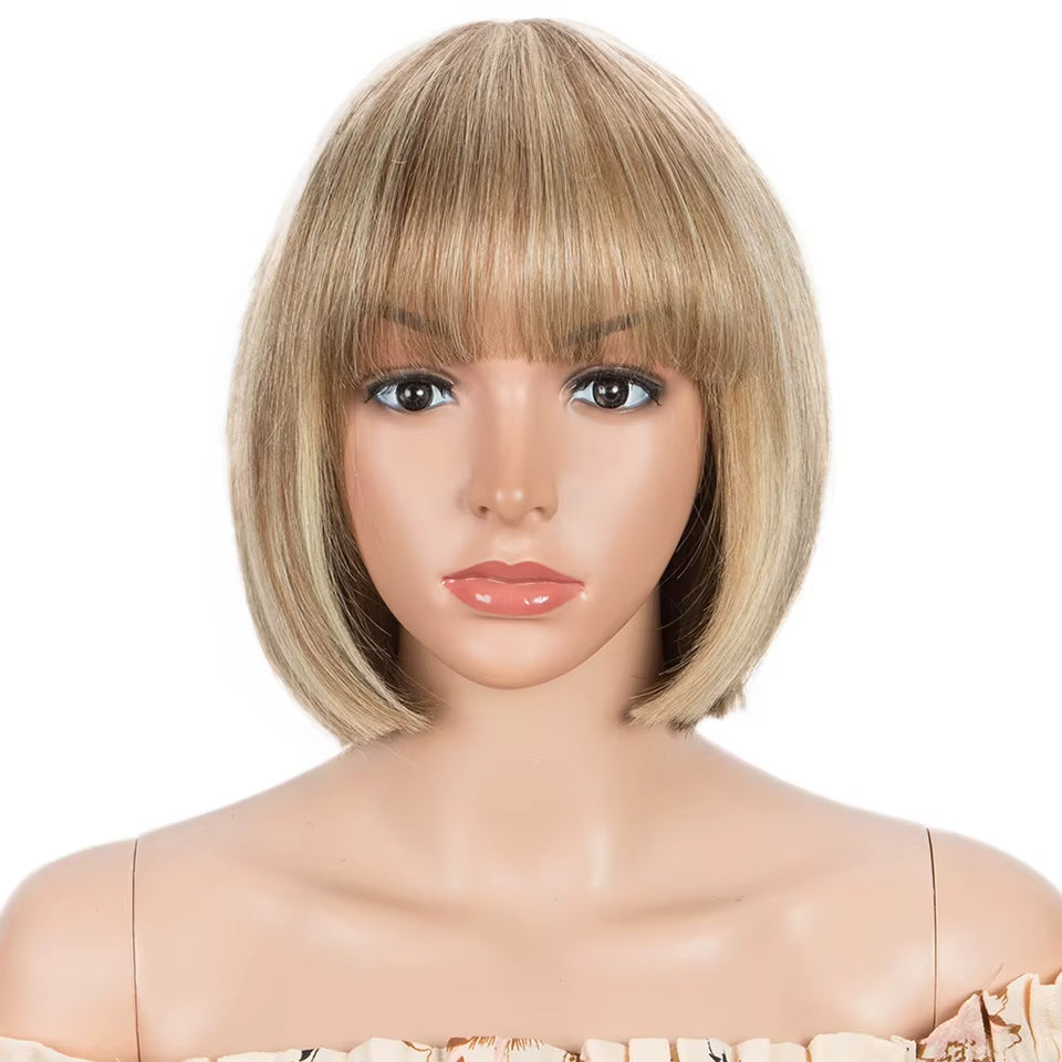 Straight Hair #M4/60 Color Short Bob Wigs With Bangs Full Machine Made Wig for Women  No Lace Bob Wigs