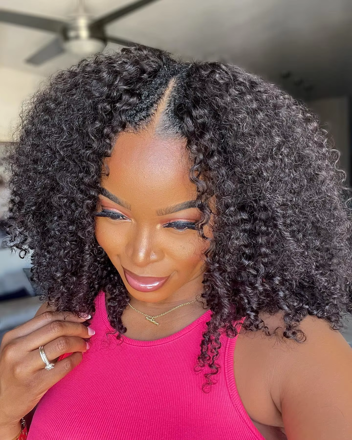 New V Part Kinky Curly No Leave Out Brazilian Remy Human Hair Wigs For Women
