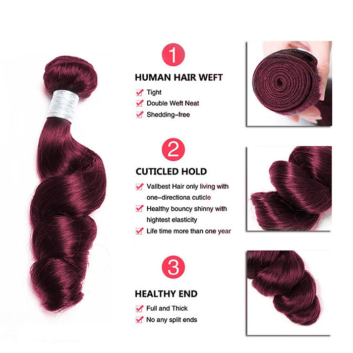 Red Bundles #99J Loose Wave 3 Bundles Peruvian Hair Weave virgin Human Hair Extensions