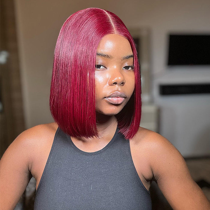 Lumiere Blunt Cut Bob Wig 2x6/13x4 Lace Closure Straight #99J Red Colored Short Bob Human Hair Wigs 220% Density