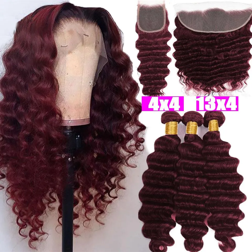 Red Bundles #99j  Loose Deep 3 Bundles With 13x4 Transparent Lace Frontal Brazilian Hair