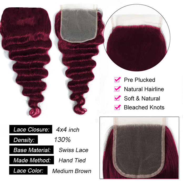 Red Bundles #99j Loose Wave 4 Bundles With 4X4 Lace Human Hair