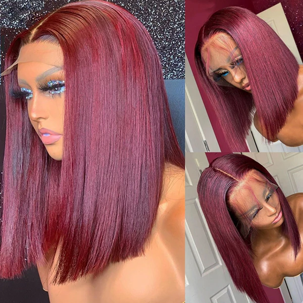 Lumiere Blunt Cut #99J Red Colored Short Bob 13x4 Lace Front Human Hair Wigs Straight Bob Wigs