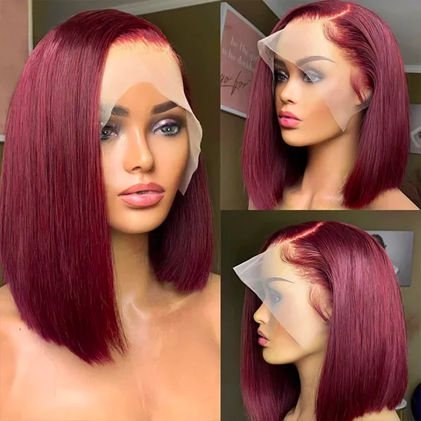 Lumiere Blunt Cut #99J Red Colored Short Bob 13x4 Lace Front Human Hair Wigs Straight Bob Wigs