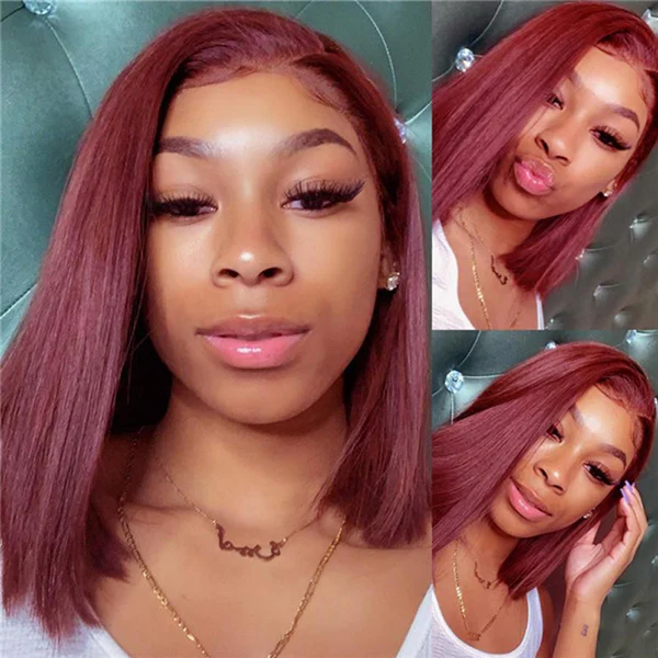 Lumiere Blunt Cut #99J Red Colored Short Bob 13x4 Lace Front Human Hair Wigs Straight Bob Wigs