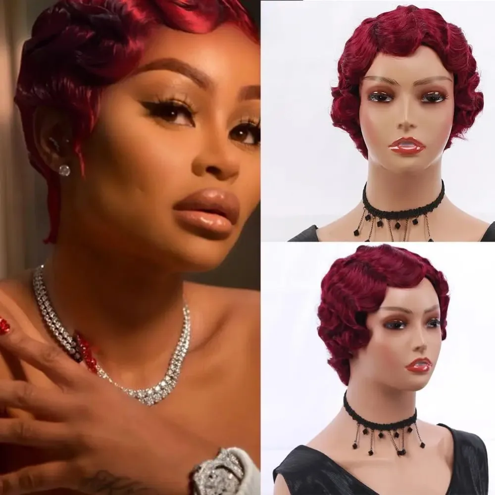 New Pixie Cut Short Finger Wave Wig #1B #27 #99J full Machine Made Wigs Natural Looking