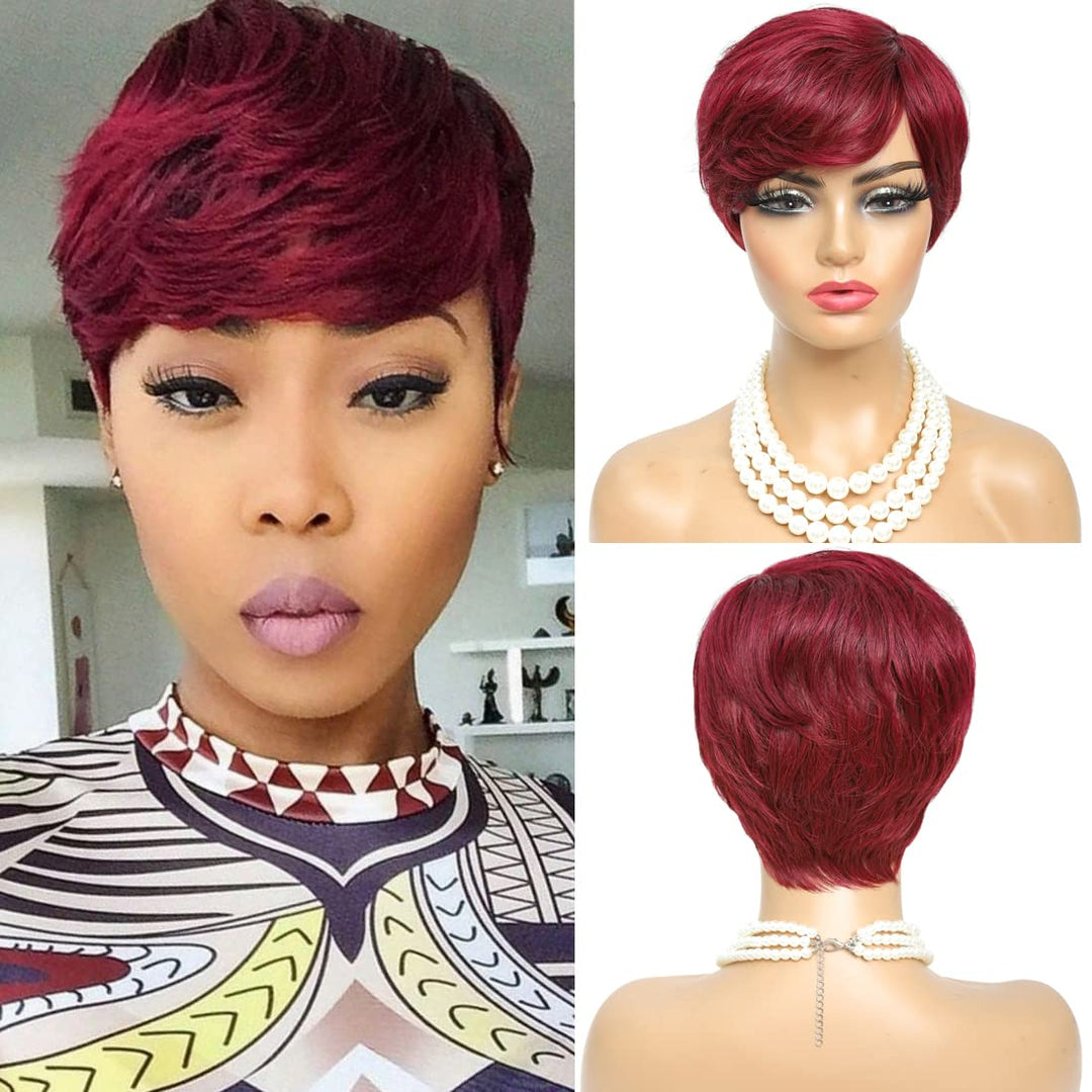 New Pixie Cut Short Straight #1b #4 #27 Color Machine Made Human Hair Wigs For Women